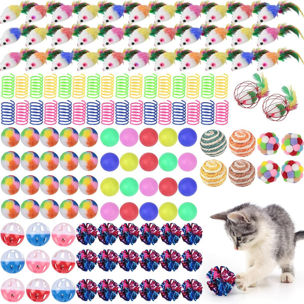 Shappy 150 Pcs Cat Toys for Indoor Cats Bulk, Kitten Toys Pack, Variety Interactive Gift Including Mice Rainbow Balls Spring Crinkle Balls Gift for Kitty Kitten Cat(Classic)1