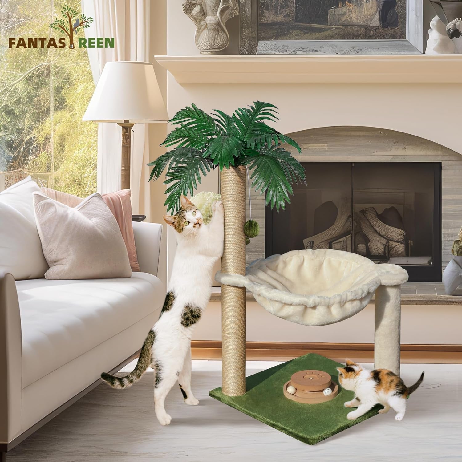 fantasreen-cat-scratching-post-28-inches-small-cat-tree-tower-with-hammock-cat-toy-wooden-interactive-condo-for-kitten-and-adults-cat