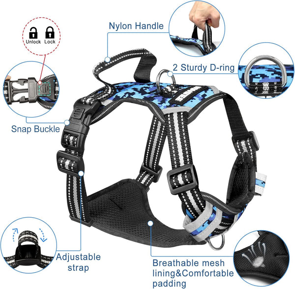 Dog Harness No Pull, Pet Harnesses with Dog Collar, Adjustable Reflective Oxford Outdoor Vest, Front/Back Leash Clips for Small, Medium, Large, Extra Large Dogs, Easy Control Handle for Walking4