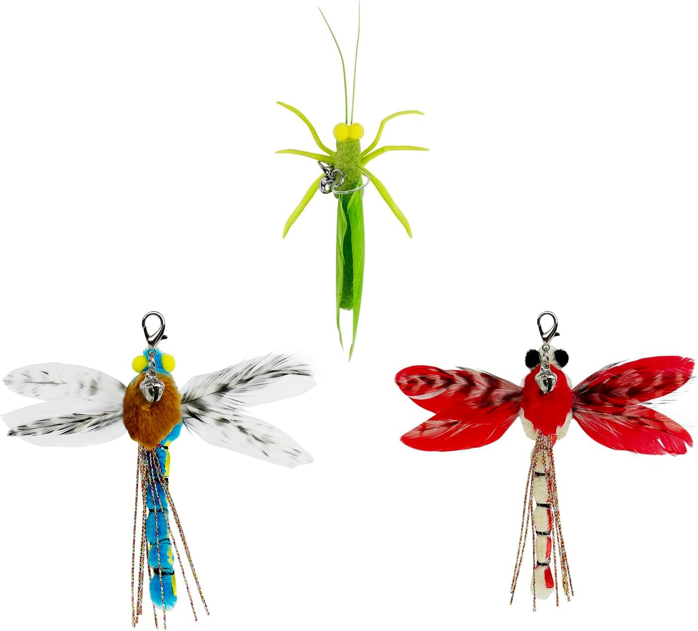 ttcat-3-pack-grasshopper-cat-wand-refills-realistic-green-insect-natural-feather-detachable-replacement-toy-with-bell-universal-lobster-clip-on-cat-teaser-attachments