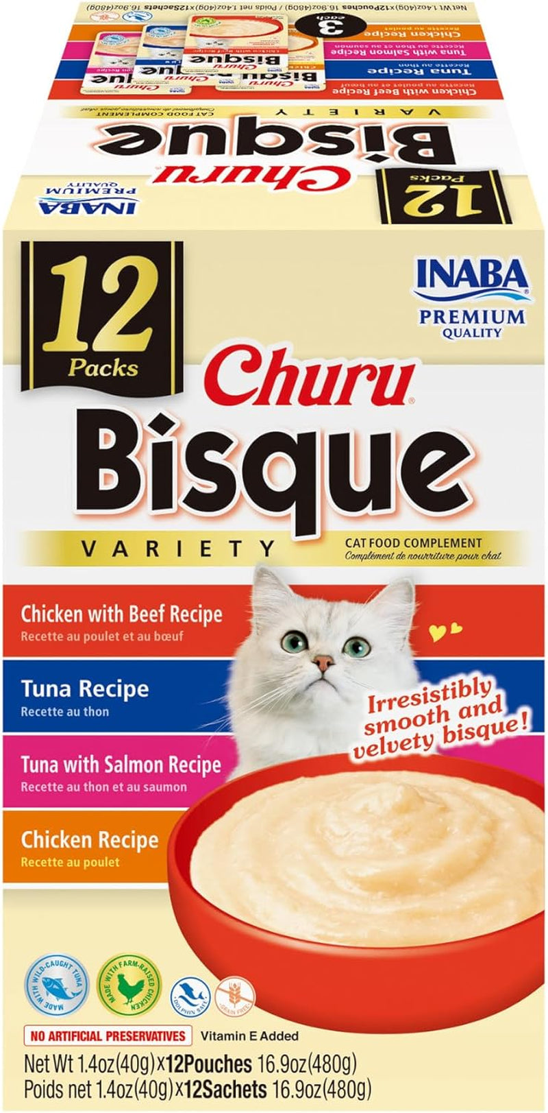 inaba-churu-bisque-for-cats-creamy-lickable-puree-side-dish-with-vitamin-e-1-4-ounces-per-pouch-12-pouches-tuna-chicken-variety