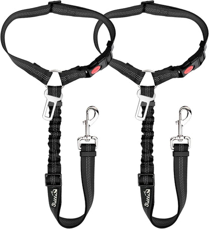 Slowton Dog Seat Belt for Car, 2 Pack Dog Car Harness Seatbelt Adjustable with Elastic Bungee Buffer, 2 in 1 Pet Car Leash Headrest Restraint Dog Reflective Safety Tether (Black, Headrest+Clip)1