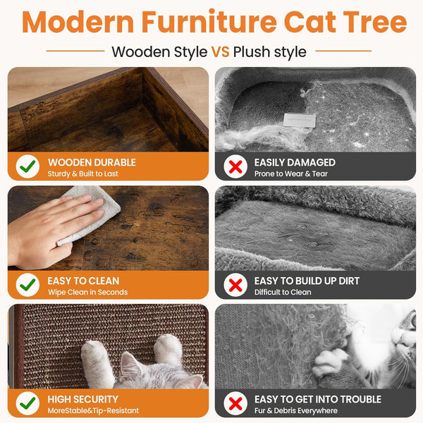 Modern Wood Cat Tree Tower for Indoor Large Adult Cats with Big Perch Bed | 33.8In Tall Wooden Cat Trees with Platform, Cat Scratching Pads, Washable Cushions, Cat Furniture for Window, Rustic Brown5