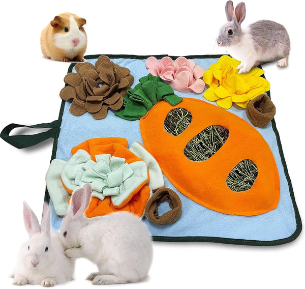 Rabbit Foraging Mat Bunny Toys, 20"X20" Rabbit Snuffle Mat Interactive Feeding Game, Washable Bunny Hay Feeder Treat Dispenser Foraging Toys for Rabbits Guinea Pigs Chinchillas Ferrets1