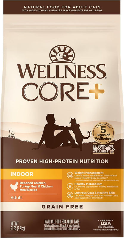 Wellness CORE+ Adult Dry Cat Food for Indoor Cats, Natural, Grain Free Kibble, Chicken, Turkey and Chicken Meal Recipe, 5 Lb Bag1