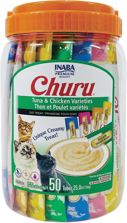 INABA Churu Cat Treats, Lickable, Squeezable Creamy Purée Cat Treat with Green Tea Extract & Taurine, 0.5 Ounces Each Tube, 50 Tubes, Tuna & Chicken Variety1