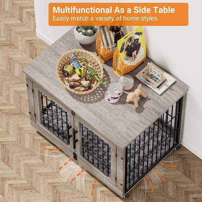 Medium Dog Crate Furniture, 32'' Heavy Duty Kennel W/Cushion & Wheels | Grey, Double Doors, Wooden Dog Cage, Chew-Resistant, End Table, Decorative, 27"/32"/38"/44" Options, Indoor5