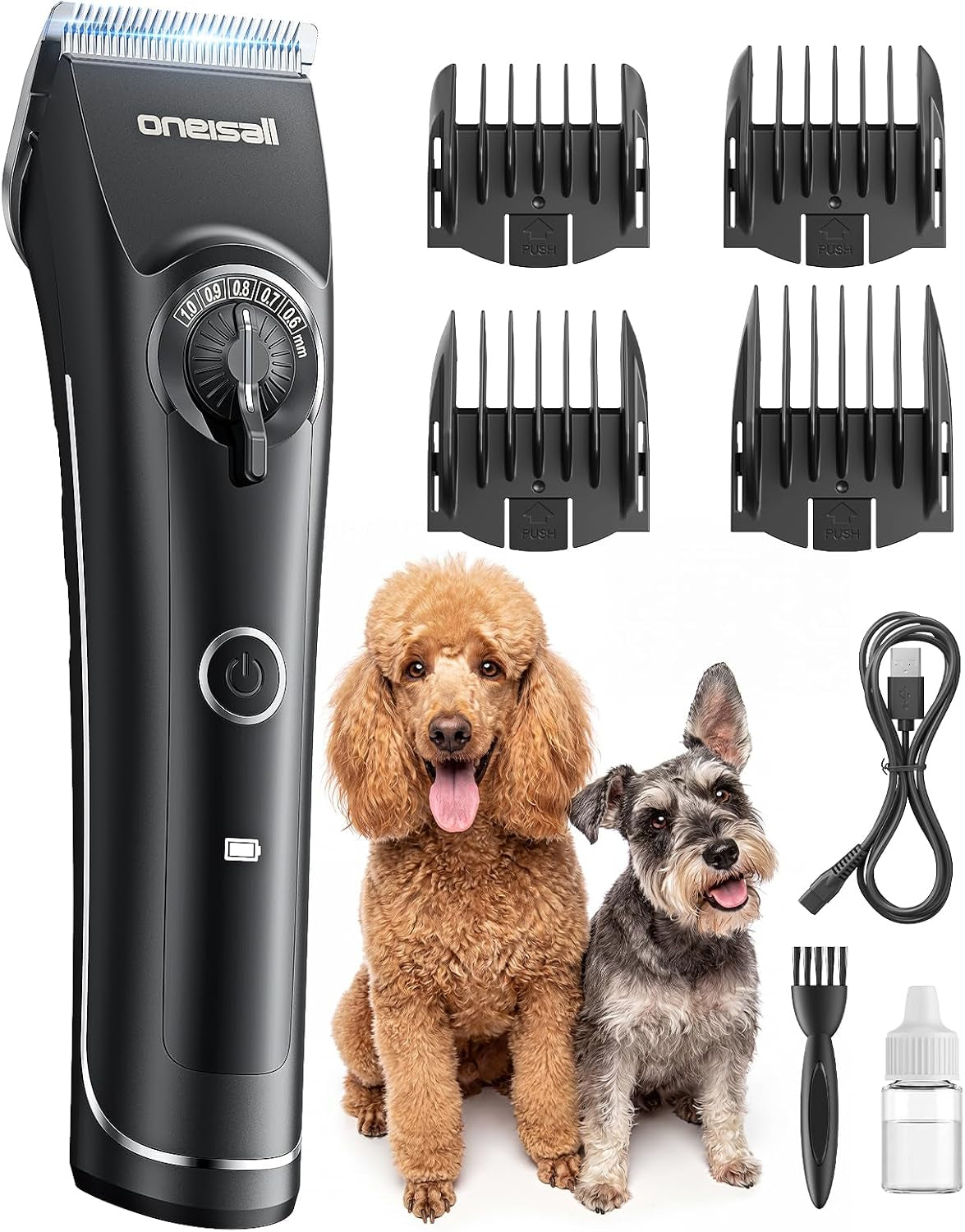 oneisall-dog-clippers-for-grooming-thick-heavy-coats-low-noise-5-blade-lengths-detachable-blade-fits-wahls-3379-3332-3339-metal-guards-long-battery-life-high-speed-4-guide-combs