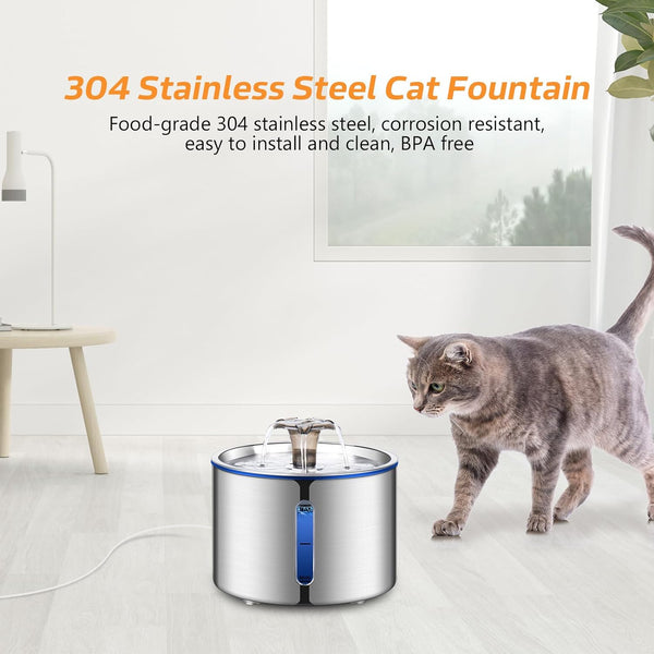 BOORCA Cat Fountain, 84Oz/2.5L Stainless Steel Pet Water Fountain, Automatic Dog Water Dispenser, Water Level Window, Ultra-Quiet Pump, Perfect for Cats, Dogs and Multiple Pets, 4 Filters2