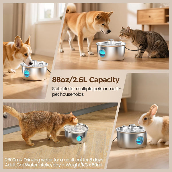 Cat Water Fountain Stainless Steel: 2.6L Cat Fountain for Drinking - Pet Water Fountain for Cats Indoor - Automatic Pet Water Dispenser Bowl - Best Auto Feeding Supplies Gift for Small Dog Large Kitty5