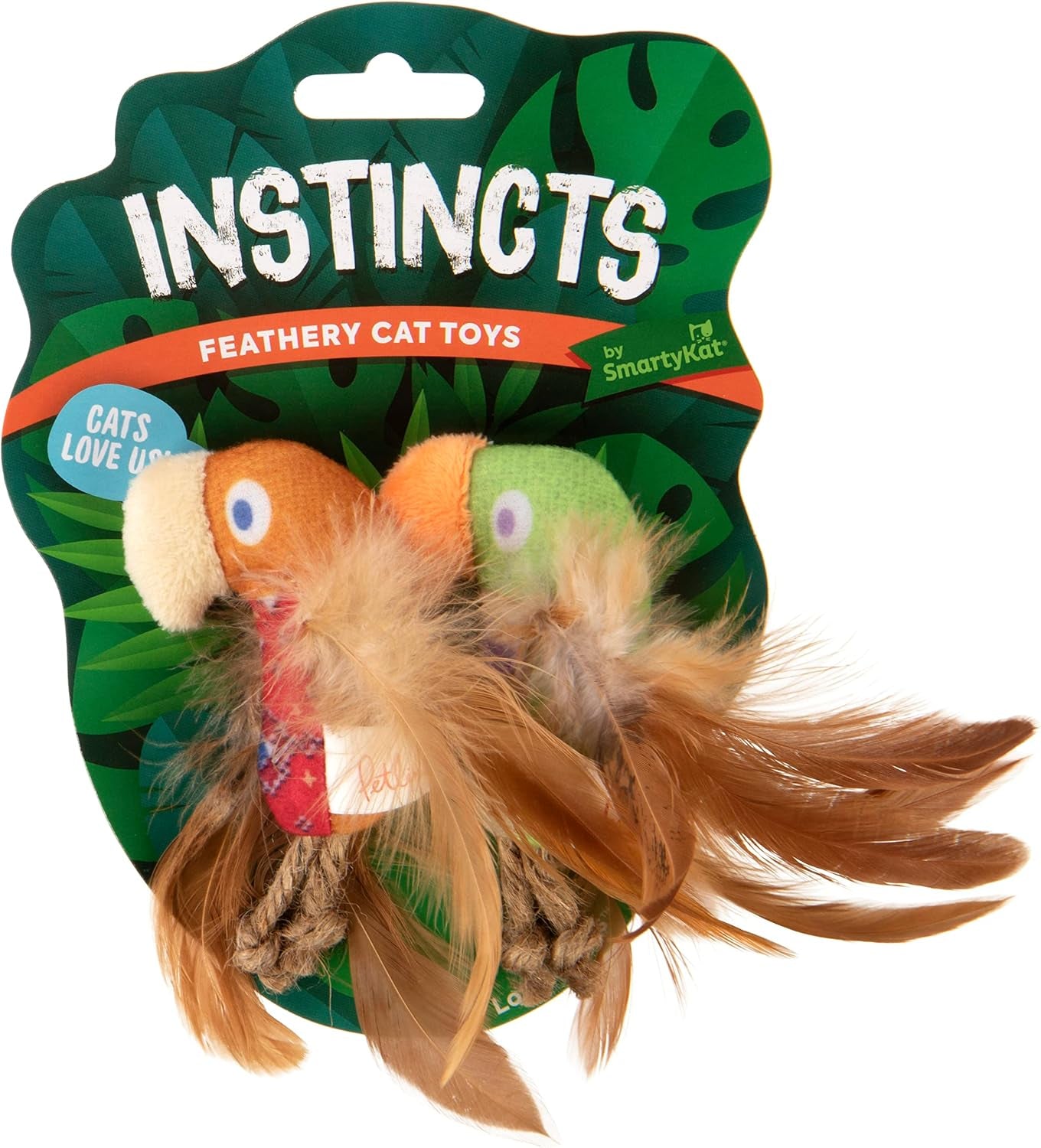 instincts-by-smartykat-2-pack-happynip-love-mates-feather-birds-plush-cat-toys-contains-catnip-silvervine-orange-green-2-pack