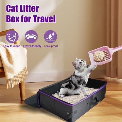 20X14X6.5 Inches, Large Portable Cat Travel Litter Box with Zipped Lid & 10 Liners, Leak-Proof, Lightweight, Sturdy & Waterproof and Foldable Travel Cat Litter Box for Hotels, Car, & Camping2