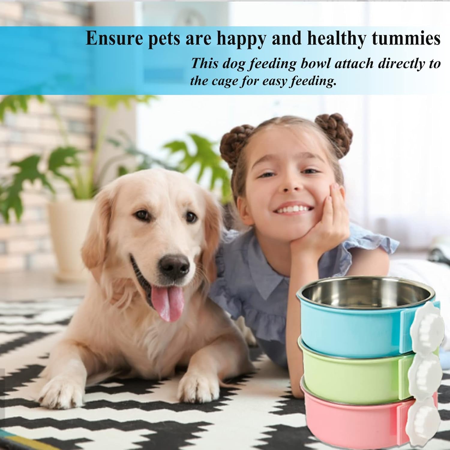 mechpia-2-pieces-crate-dog-bowl-removable-stainless-steel-pet-kennel-hanging-food-water-feeder-bowl-cage-coop-cup-for-puppy-medium-dog-cat-rabbit-ferret-bird-blue-green