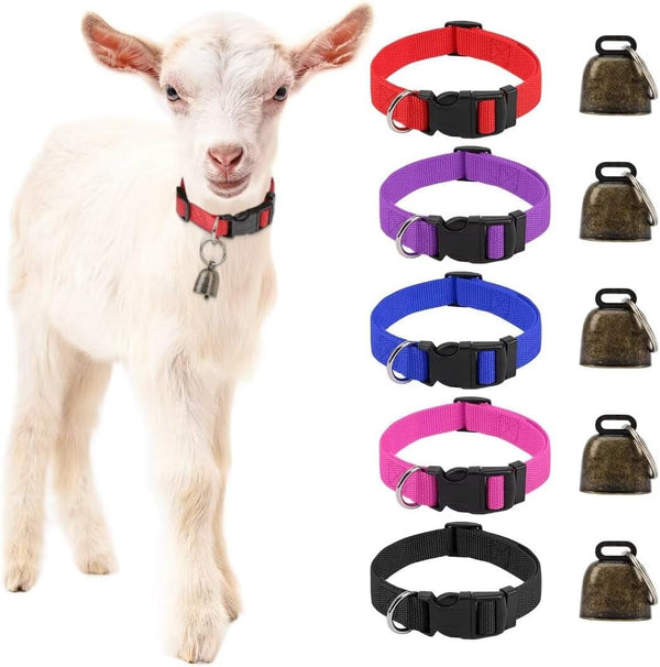 5 Pack Classic Goat Collars with Bells,Anti-Lost Pet Collar | Adjustable Nylon Collar & Sheep Grazing Copper Bells for Small Farm Animal Sheep Calf Cow Accessories(13.7"-20.5")1