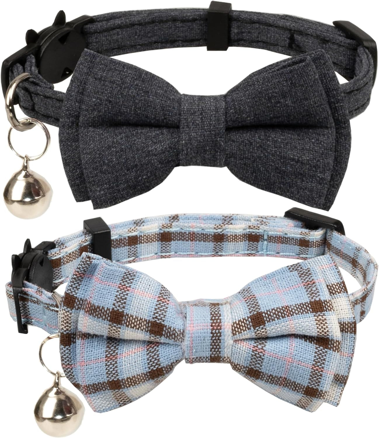cat-collar-breakaway-bowtie-safety-with-bell-adjustbale-kitten-puppy-solid-plaid-color-set-d-2pcs-pink-2