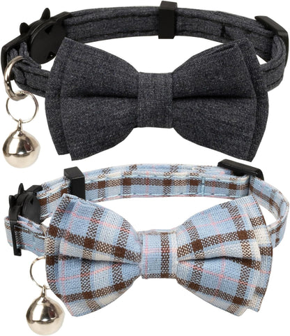 Cat Collar Breakaway Bowtie Safety with Bell Adjustbale Kitten Puppy Solid Plaid Color Set D-[2Pcs] Pink-210