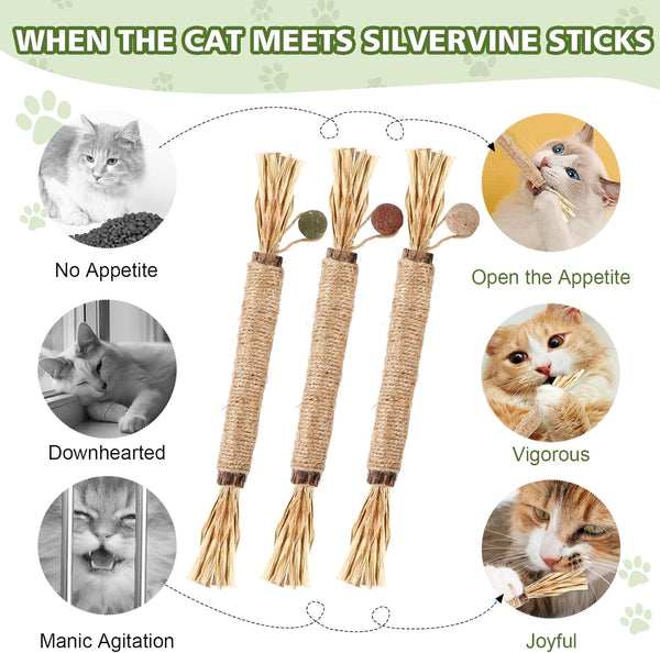 WOUSEDO 7 Pack Silvervine Sticks Cat Toy with Catnip & Matatabi Ball | Natural Chew Toys for Anxiety Relief & Dental Care, Teeth Cleaning Sticks for Indoor Cats & Kittens7