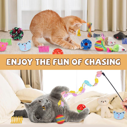 QUOZUO 30 Pcs Cat Toy Kitten Toys Set, Interactive Cat Toy Wand Cat Springs Ball Toy with Bells, Cat Toys for Bored Indoor Cats, Gift Box Styles5