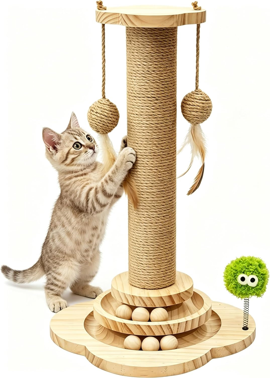 tinybeast-wooden-cat-scratching-post-fot-kittens-4-in-1-cat-scratcher-toy-with-cat-ball-tracks-18-tall-sisal-scratch-post-for-indoor-kittens-interactive-feather-toy-and-2-sisal-hanging-balls