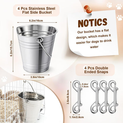 Mumufy 4 Set 2 Quart Stainless Steel Flat Side Bucket Durable Water Pails with Double Ended Snaps Small Metal Bucket Flat Back Water Pails for Dogs Cats Kennels Cages Fences Pet Container2