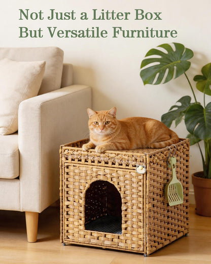 SETVSON Cat Litter Box Enclosure Furniture, Hidden Litter Box with Mat and Fence, Handwoven Rattan Cat House with Two S-Shaped Hooks for Living Room, Bedroom, 18.5 X 20.5 X 19.1 Inches (Natural)2