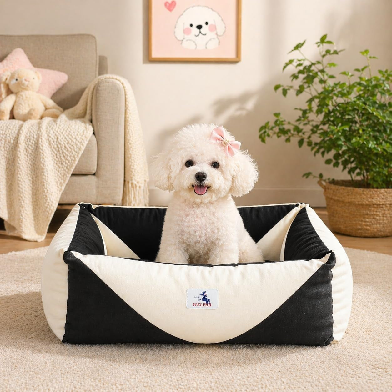 cotton-canvas-dog-bed-290gsm-thick-24x20x8-durable-waterproof-cute-dog-beds-for-small-dogs-orthopedic-bed-with-washable-removable-cover-anti-chewing-pet-bed-anti-slip-black-white
