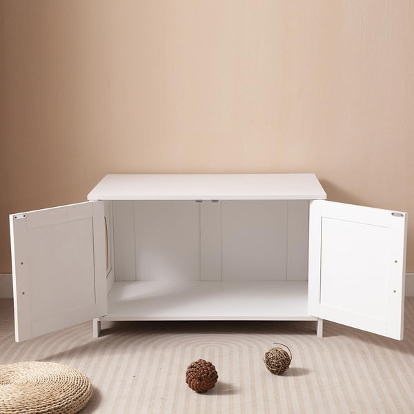 Cat Litter Box Enclosure with Barn Door Wooden Cat Washroom Furniture Litter Box Furniture Hidden End Side Table Pet House Multi Functional Double Cabinet Doors for Bedroom Living White6