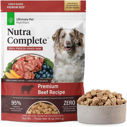 ULTIMATE PET NUTRITION Nutra Complete, 100% Freeze Dried Raw Veterinarian Formulated Dog Food with Antioxidants Prebiotics and Amino Acids (1 Pound, Beef)1