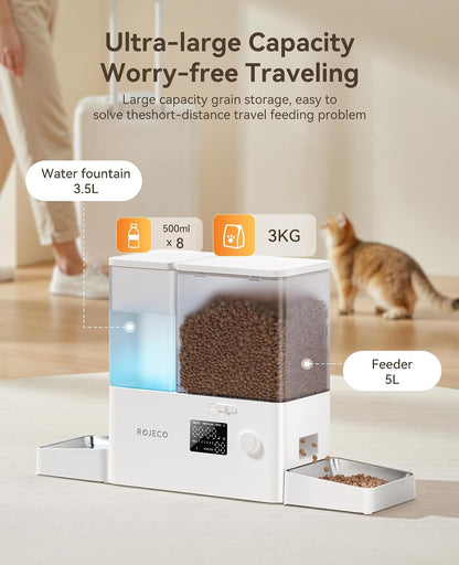Automatic Cat Feeder and Water Dispenser,2-In-1 Large Capacity 5L Cat Food Bowl and 3.5L Gravity Water Dispenser,Timed Cat Feeder for Cats Small Dogs Puppies Kittens Pets5