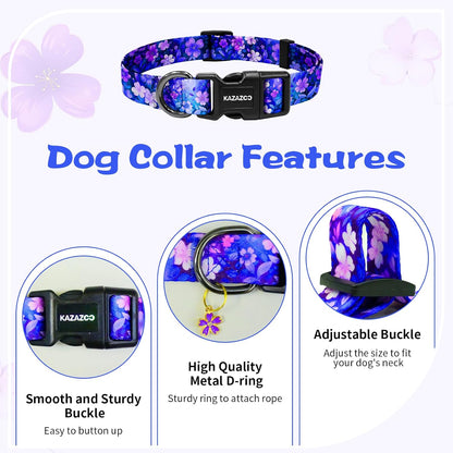 Kazazoo Dog Collar Cute and Soft Nylon Puppy Collar Girl Dogs, Adjustable Purple Dog Collars for Medium Dogs, Purple Flowers-M2