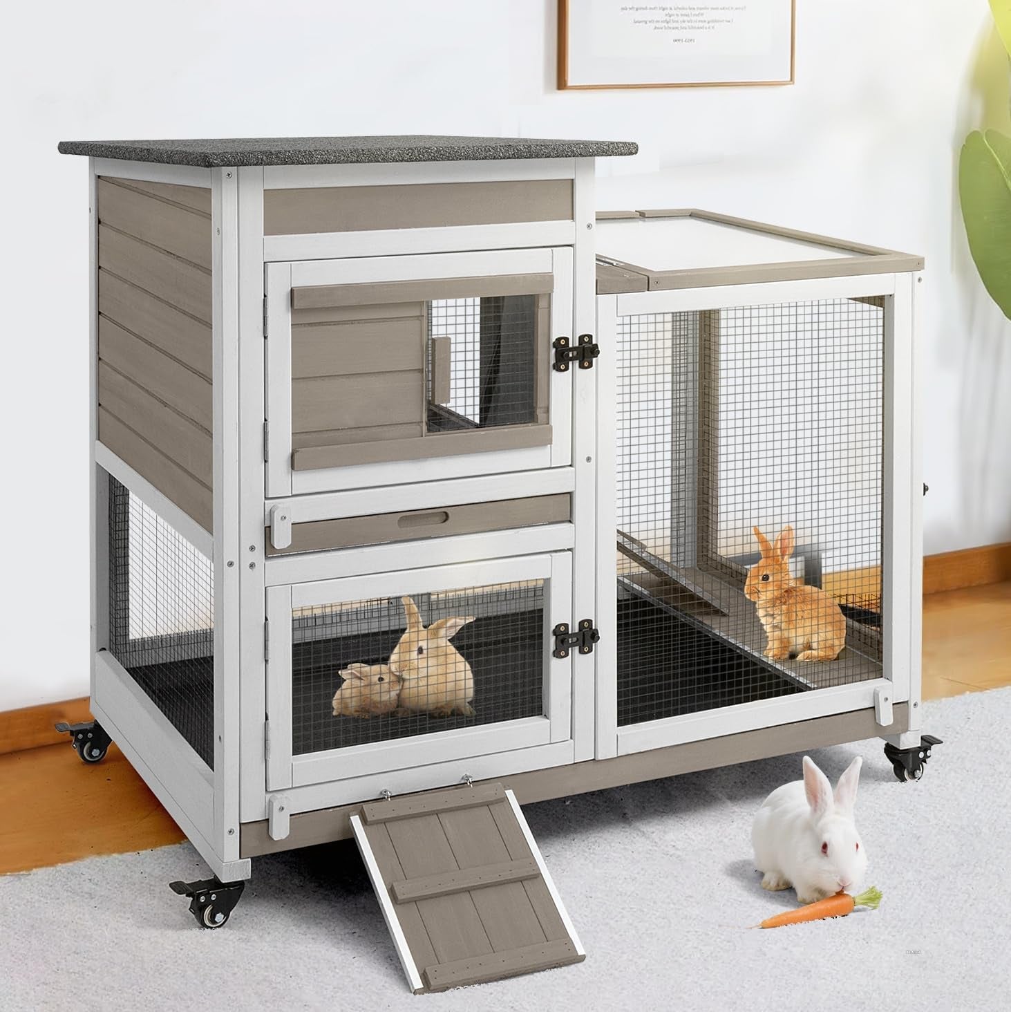 2-story-rabbit-hutch-outdoor-indoor-wooden-bunny-cage-with-6-lockable-wheels-3-removable-no-leakage-pull-out-trays-chew-proof-ramp-waterproof-roof-ideal-for-rabbit-guinea-pig
