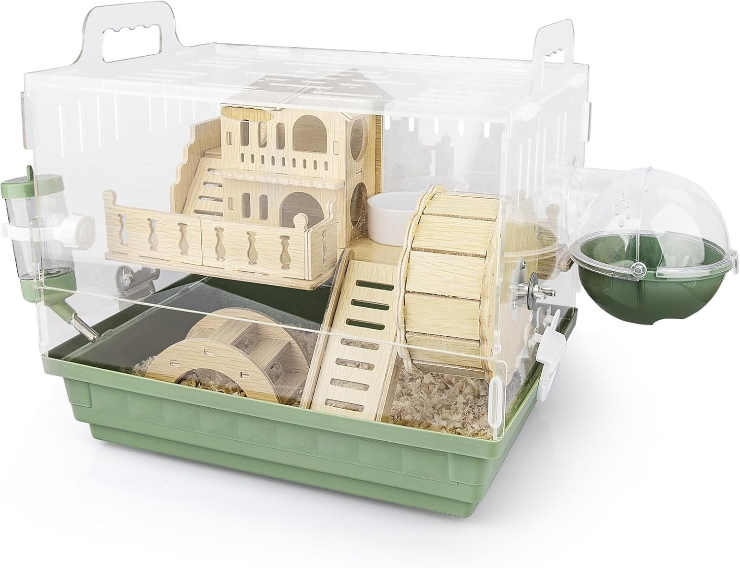 cycodo-8-in-1-acrylic-hamster-cage-2-tier-dwarf-hamster-cage-with-wooden-wheel-hideout-small-hamster-habitat-with-accessories-clear-pet-mice-housegreen-14-l-10-w-11-h
