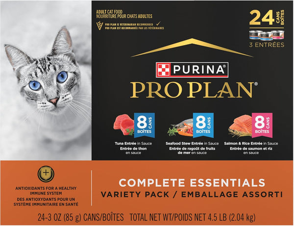 Purina Pro Plan High Protein Cat Food Complete Essentials Wet Cat Food Seafood Favorites Variety Pack 3 Ounce (Pack of 24)9