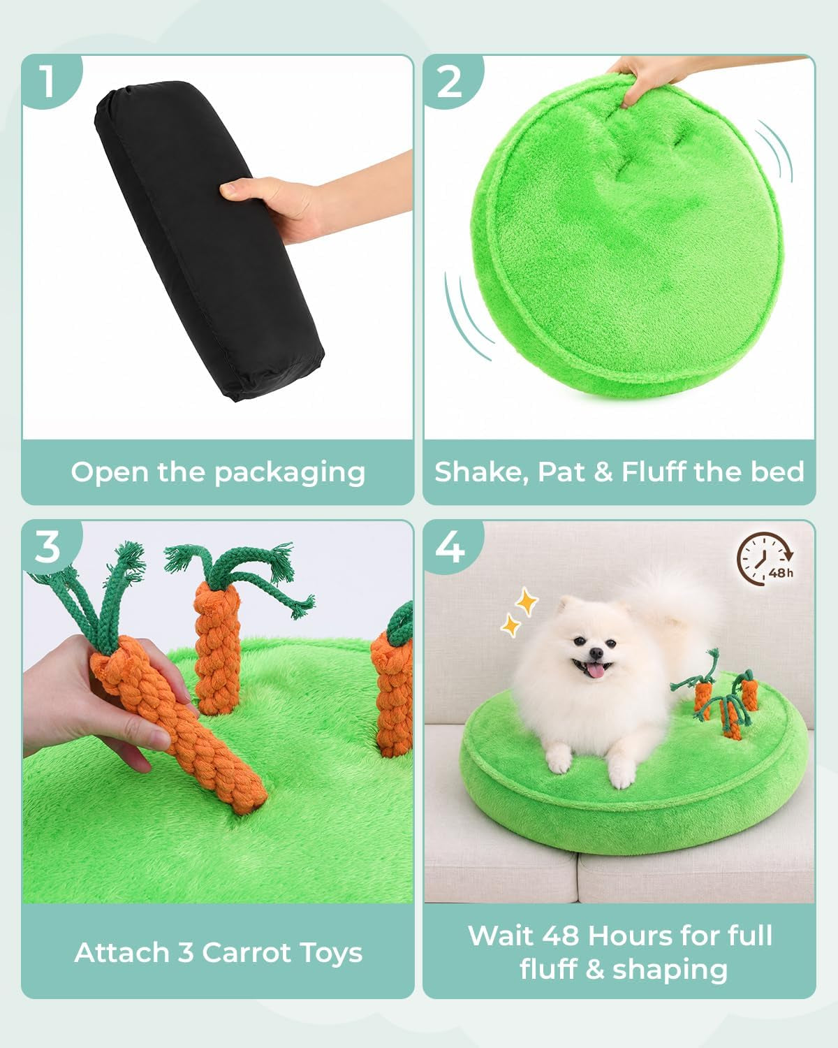 ksiia-puppy-bed-for-small-dogs-28-inch-washable-calming-plush-round-dog-bed-with-carrot-chew-toy-orthopedic-support-anti-anxiety-non-slip-base-for-puppies-cats-green