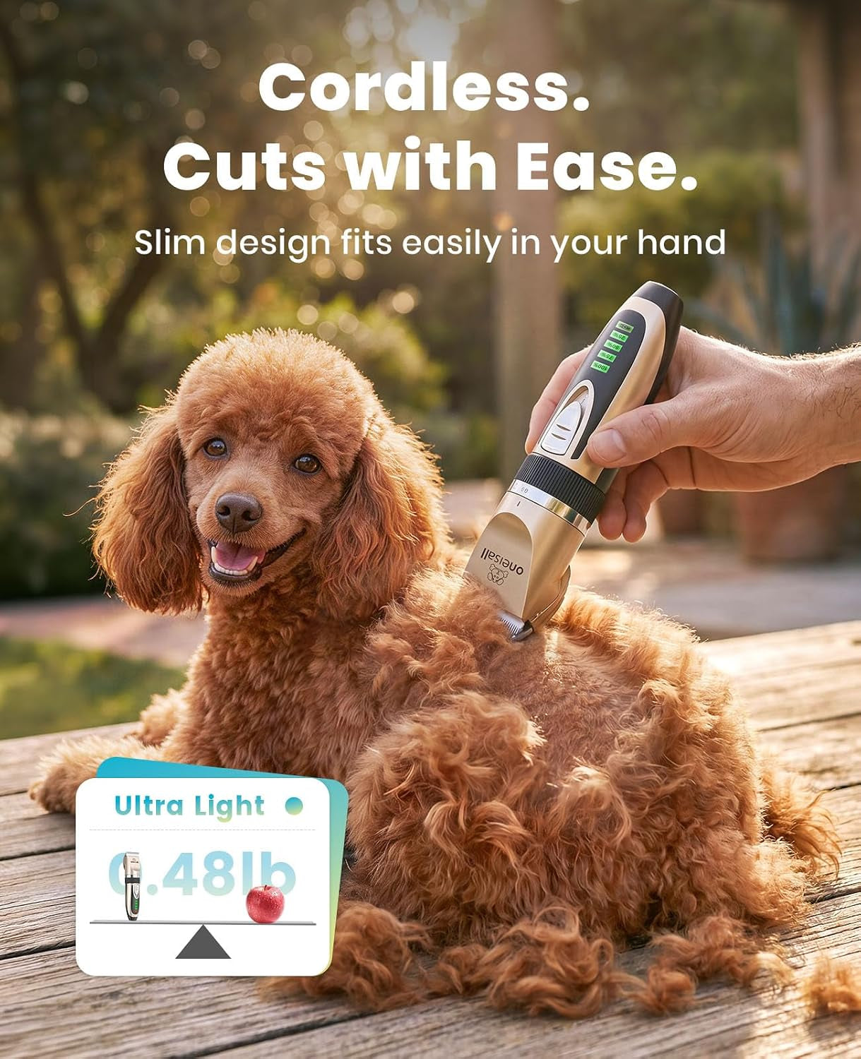 oneisall-dog-grooming-clippers-with-led-display-for-dogs-cats-low-noise-quiet-2-speed-cordless-rechargeable-fast-charge-detachable-waterproof-battery-level-display-model-x2-gold