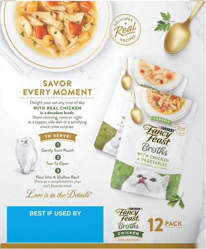 Purina Fancy Feast Chicken Broth Complement Lickable Grain Free Wet Cat Food Variety Pack - (Pack of 12) 1.4 Oz. Pouches8