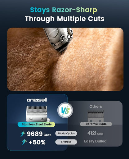 Oneisall PC18 Dog Clippers for Grooming for Thick Coat | 6800 RPM High-Speed, Detachable Stainless Steel Blades,4 Hours of Battery Life, Dog Shaver for Thick/Matted/Knotted/Hair3