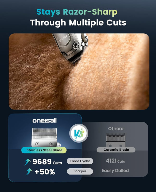 Oneisall PC18 Dog Clippers for Grooming for Thick Coat | 6800 RPM High-Speed, Detachable Stainless Steel Blades,4 Hours of Battery Life, Dog Shaver for Thick/Matted/Knotted/Hair3