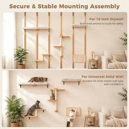 PAWZ Road Cat Wall Shelves, Modern Cat Wall Furniture with Sisal Posts | 5-In-1 Wall Mounted Cat Tree ,Wood Cat Shelves with Long Perch,Cat Wall Climber Holds up to 40Lbs for Large Indoor Cats5