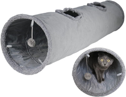 Cat Tunnel for Indoor Cats, 51×12 Inch Foldable Big Cat Tunnel, Grey Suede Pet Tunnels with Two Peepholes and a Bubble Ball1