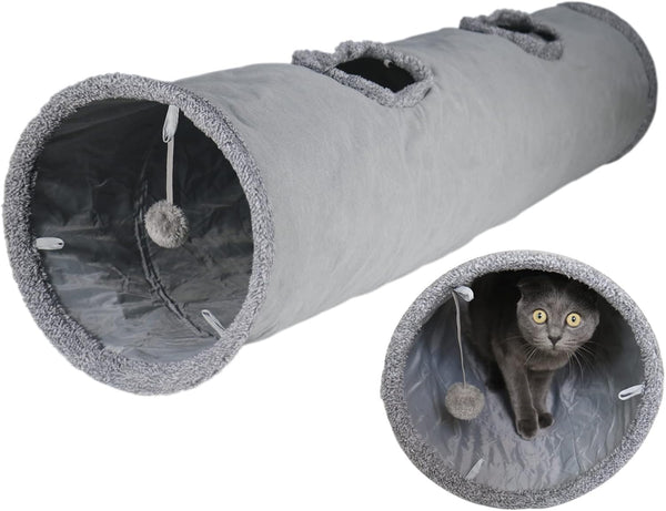 Cat Tunnel for Indoor Cats, 51×12 Inch Foldable Big Cat Tunnel, Grey Suede Pet Tunnels with Two Peepholes and a Bubble Ball1