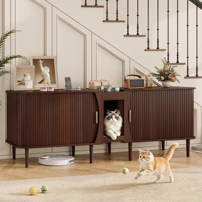71" Double Cat Litter Box Enclosure Furniture for 2 Cats,Fluted Large Litter Box Hidden Furniture with Sliding Door and Scratching Pad,Indoor Pet House Modern Cabinet TV Stand for Living Room1