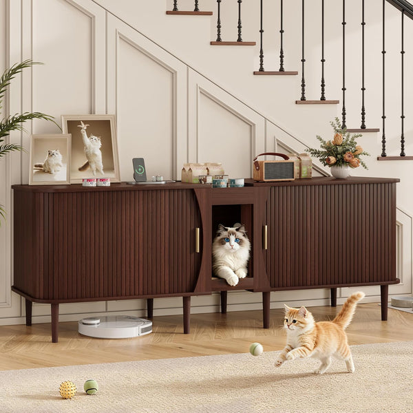 71" Double Cat Litter Box Enclosure Furniture for 2 Cats,Fluted Large Litter Box Hidden Furniture with Sliding Door and Scratching Pad,Indoor Pet House Modern Cabinet TV Stand for Living Room1