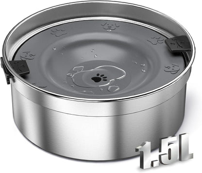 Dog Water Bowl No Spill, 1.5L/50Oz Stainless Steel Slow Water Bowl for Dogs, Spill Proof Dog Bowl with Anti-Splash & Non-Slip, Slow Drinking Water Bowl Dispenser for Messy Drinkers (Silver)1
