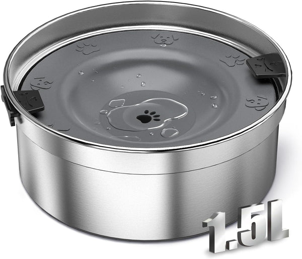 Dog Water Bowl No Spill, 1.5L/50Oz Stainless Steel Slow Water Bowl for Dogs, Spill Proof Dog Bowl with Anti-Splash & Non-Slip, Slow Drinking Water Bowl Dispenser for Messy Drinkers (Silver)1