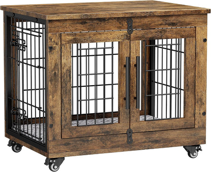 Medium Dog Crate Furniture, 32'' Heavy Duty Kennel W/Cushion & Wheels | Grey, Double Doors, Wooden Dog Cage, Chew-Resistant, End Table, Decorative, 27"/32"/38"/44" Options, Indoor20