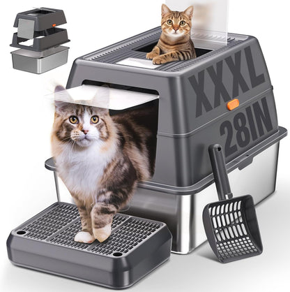 XXXL Stainless Steel Litter Box with Lid, Extra Large 28" Lx20 Dx18.1 H Litter Box for Big Cats, Enclosed Jumbo Metal Litter Boxes with Removable Cover & Footboard, Anti-Leakage,Odorless1