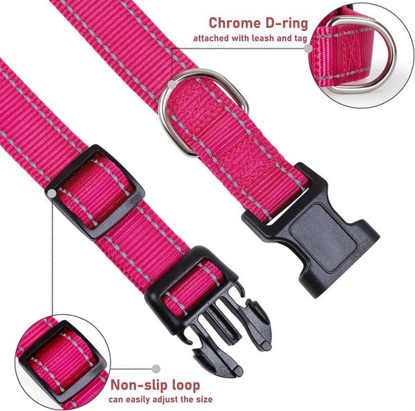Reflective Dog Collar with Buckle Adjustable Safety Nylon Collars for Small Medium Large Dogs, Pink M | Breathable Nylon Collars for Small Medium Large Dogs, No Chafing on Walks and Outdoor Hikes, Metal D-Ring, Night Safety3