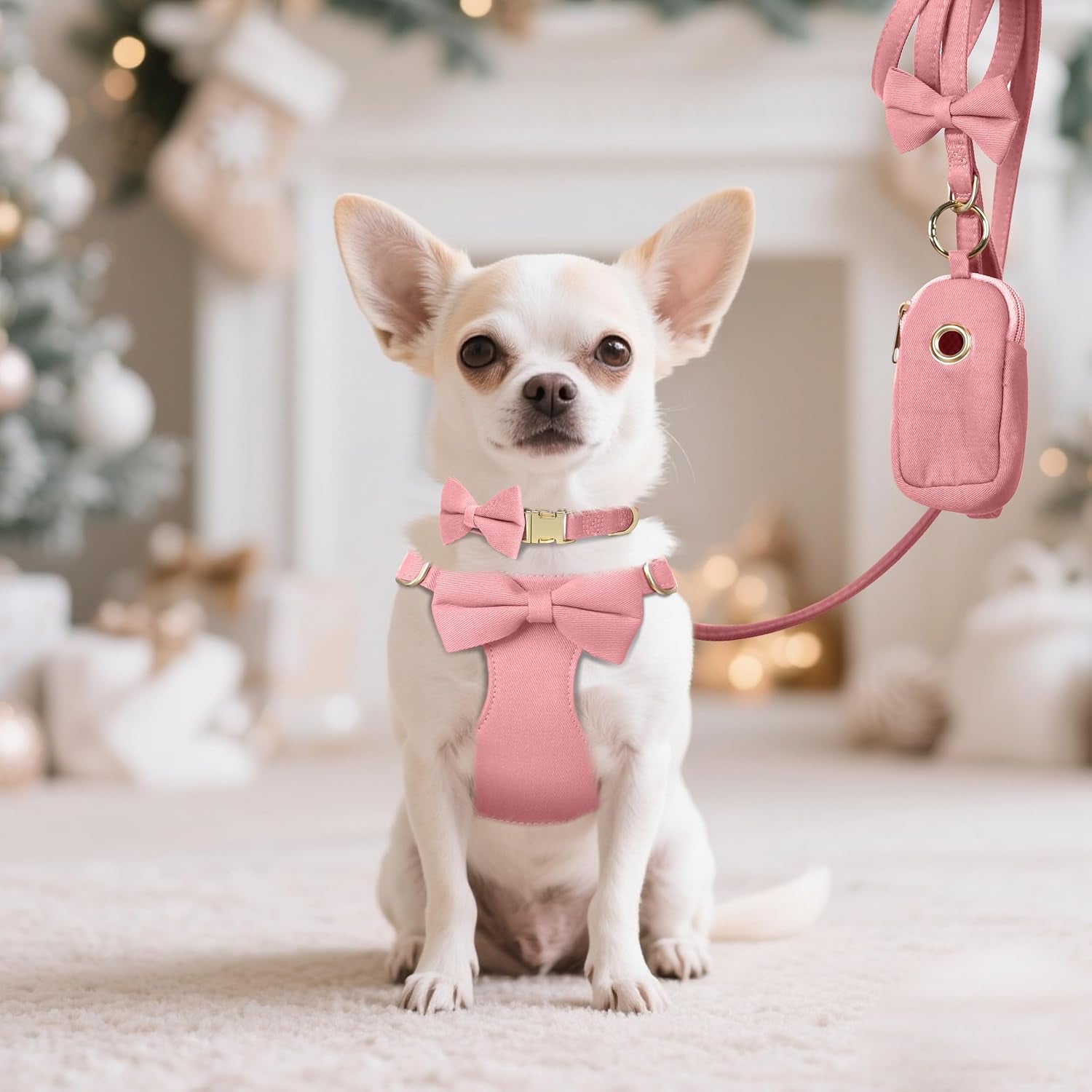 beirui-cute-small-dog-harness-collar-and-leash-set-pink-xxs-chest-12-14-for-small-dogs-puppy-three-detachable-bows-adjustable-step-in-vest-yorkshire-chihuahua-for-daily-walking-holiday-outfits