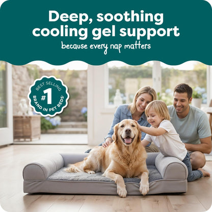 Furhaven Orthopedic Dog Bed for Large Dogs, Sofa-Style with Cool Gel-Top Foam with a Solid Orthopedic Foam Base for Joint Support, Removable Washable Cover, Jumbo XL, Plush & Suede, Gray2